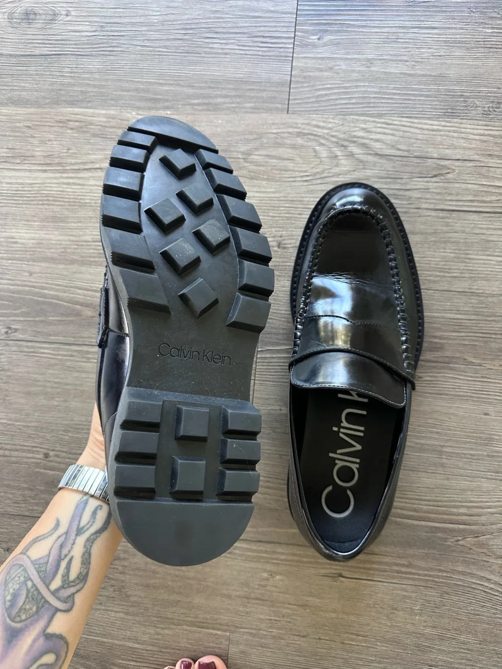 Calvin Klein Black Patent Leather Lug Sole Penny Loafers unisex men/women